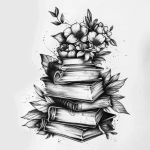 A stack of books with flowers and leaves tattoo design in black and grey