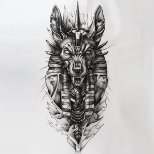 Anubis head tattoo design seen from the front on black and grey
