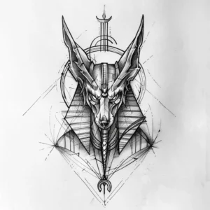Anubis head tattoo design with lines in black and grey