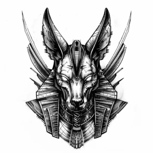 Anubis head tattoo design with white eyes in black and grey