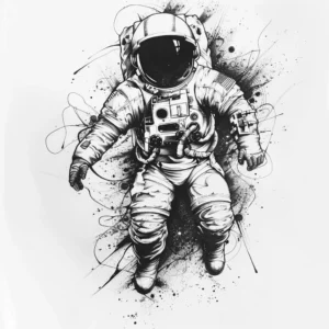 Astronaut in space tattoo design with lines and splashes in black and grey