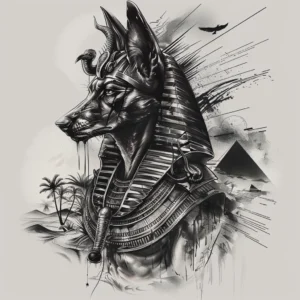 Black and grey Anubis tattoo design with desert, pyramids and palm trees i the background