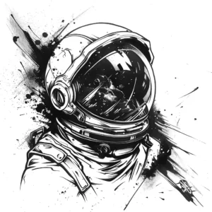 Detailed astronaut head tattoo design with space mirrored in visor in black and grey with splashes