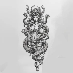 Full body medusa with big snake around her tattoo design