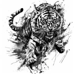 Full body tiger jumping tattoo design in black and grey with water color splashes