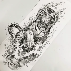 Full body tiger tattoo design with water waves in black and grey