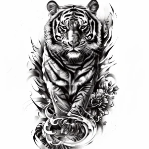 Majestic tiger walking tattoo design with flowers and water and fire in black and grey