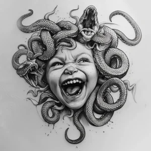 Medusa as a child laughing maniacally