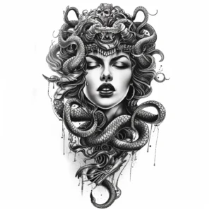 Medusa head with small skull and closed eyes