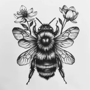 Realistic bee tattoo design with two flowers