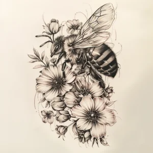 Realistic black and grey bee and flowers tattoo design
