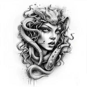 Seductive and crying medusa head with snake head tattoo design