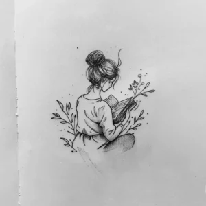 Small simple tattoo design of a woman reading a book with flowers and dot work