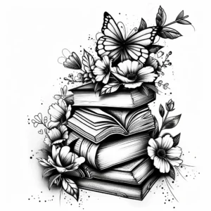 Stacked books with flowers and butterflies tattoo designs