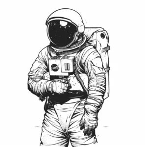 Standing astronaut tattoo design with stars and moon in visor in black and grey