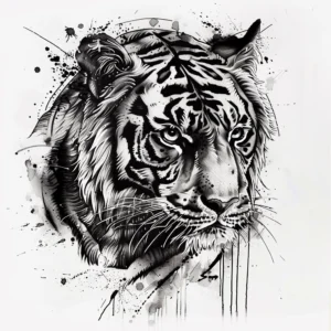Tiger head tattoo design in black and grey with water color dots