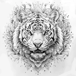 Tiger head tattoo design with geometrical patterns in black and grey