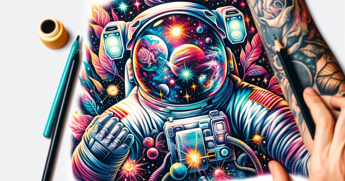 Vivid colors and cosmic adventures astronaut tattoo