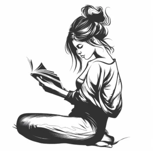 Woman kneeling and reading a book tattoo design in black