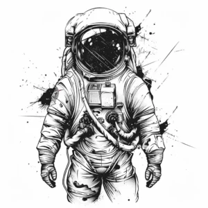 astronaut tattoo design with dots and splashes around in black and grey