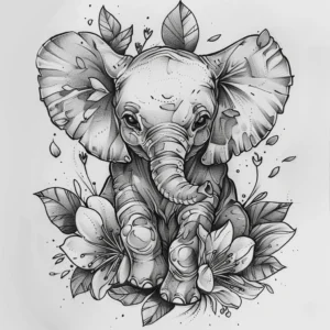 baby elephant with leaves and flowers tattoo design in black and grey