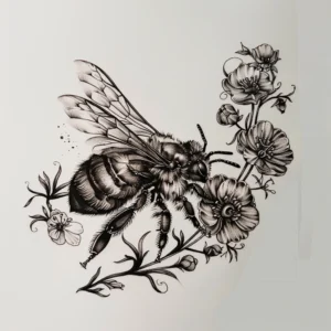 bee and flowers seen from the side tattoo design in black and grey
