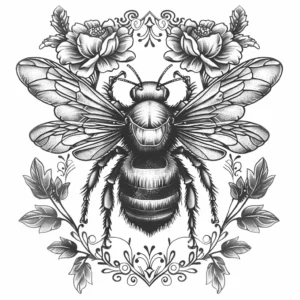 bee tattoo design seen from above with flowers in black and grey