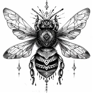 bee tattoo design with patters on body and around in black and grey