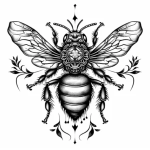 bee tattoo design wth patterns on back in black and grey