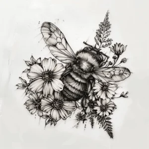 black and grey tattoo design of a bee and flowers