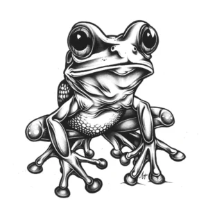 cute frog tattoo design with big eyes and thick lines in black and grey