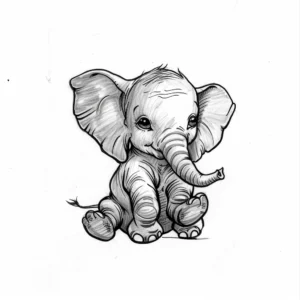 cute baby elephant smiling tattoo design in black and grey