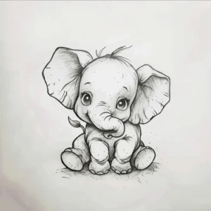 cute baby elephant tattoo design with big eyes in black and grey