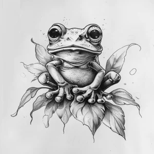 cute frog sitting on leaves tattoo design in black and grey