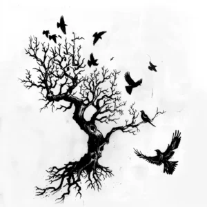 dead tree with black birds flying tattoo design in black