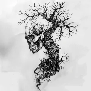 dead tree with skull and roots tattoo design in black and grey