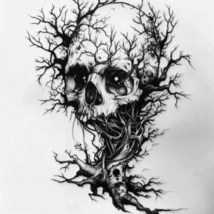 dead tree with skull as the crown tattoo design in black and grey 2