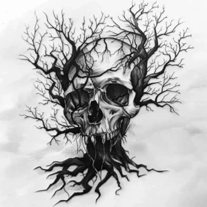 dead tree with skull as the crown tattoo design in black and grey