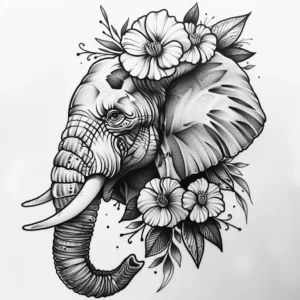 elephant head with flowers seen from the side tattoo design in black and grey