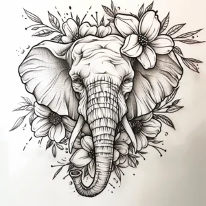 elephant head with flowers tattoo design in black and grey