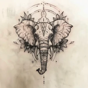 elephant head with patterns and flowers seen from the front tattoo design in black and grey