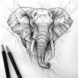 elephant with line work tattoo design in black and grey