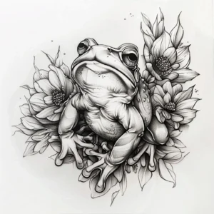frog sitting on flowers and looking up tattoo design in black and grey
