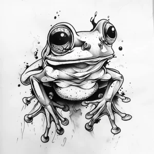 frog tattoo design with big eyes and water splashes in black and grey