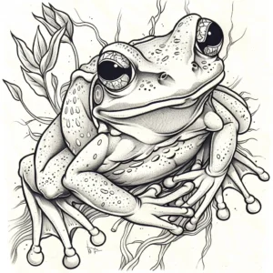 frog tattoo design with dot work and vegetation in black and grey