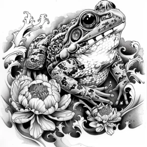 japanese frog tattoo design with flowers and water waves in black and grey