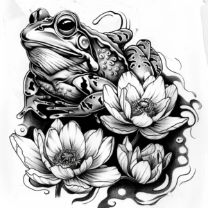realistic frog tattoo design with flowers in black and grey