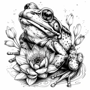 realistic frog tattoo design with water lily and flowers and black and grey