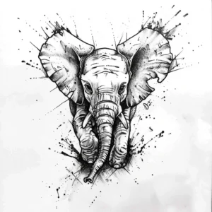 running baby elephant tattoo design with splashes in black and grey