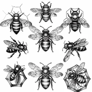 several small bee tattoo designs in black and grey